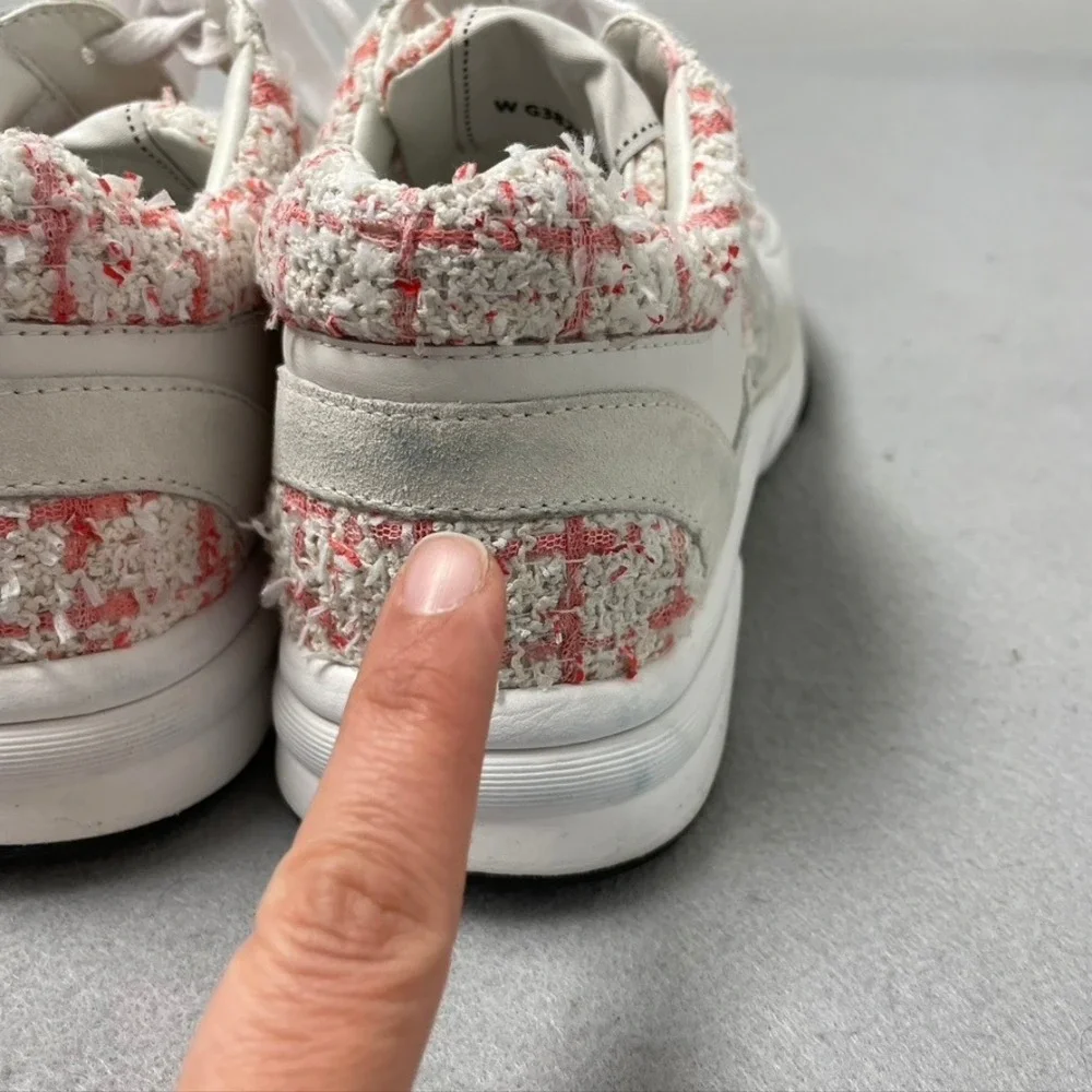 Chanel Tweed Leather Suede Sneakers Womens 39 White‎ Pink G38299 Low Top CC Logo